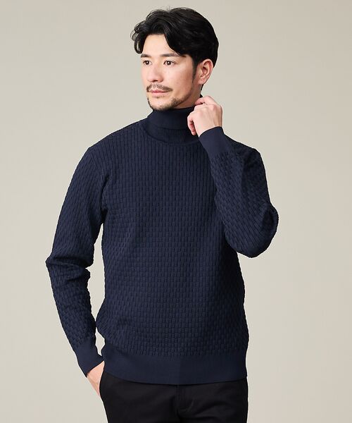 ABAHOUSE / アバハウス ニット・セーター | 【ハイストレッチ】ブロックチェック ジャガード タートルネック ニット(ネイビー)