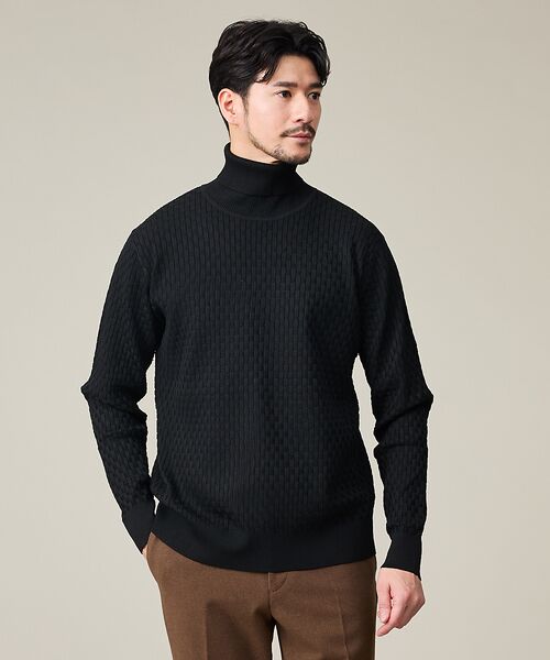 ABAHOUSE / アバハウス ニット・セーター | 【ハイストレッチ】ブロックチェック ジャガード タートルネック ニット(ブラック)