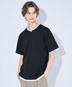 ABAHOUSE / アバハウス Tシャツ | キーネック カノコ半袖Tシャツ / フェイクレイヤード