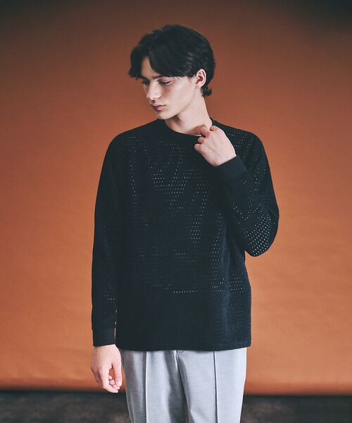 ABAHOUSE/アバハウス アイレットベロア クルーネック長袖Tシャツ ブラック 48 ABAHOUSE/アバハウス アイレットベロア クルーネック長袖Tシャツ ブラック 48