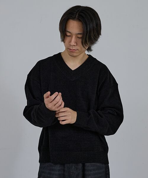 ABAHOUSE/アバハウス 【AH ABAHOUSE】ハイゲージモール クロップド Vネックニット ブラック 46 ABAHOUSE/アバハウス 【AH ABAHOUSE】ハイゲージモール クロップド Vネックニット ブラック 46
