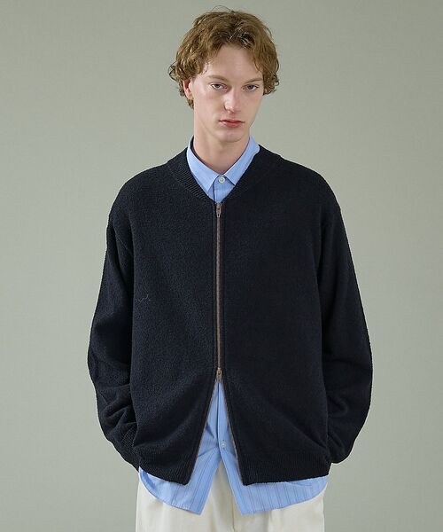 ABAHOUSE / アバハウス ブルゾン | コットンブークレー ダブルZIP ニットブルゾン / クルーカーディガン【予約】（ブラック）