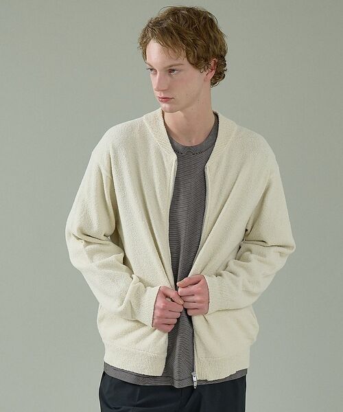 ABAHOUSE / アバハウス ブルゾン | コットンブークレー ダブルZIP ニットブルゾン / クルーカーディガン【予約】（オフホワイト）