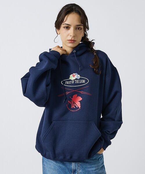 ABAHOUSE / アバハウス パーカー | 【FRUIT OF THE LOOM】FTL×EVA ロゴプリントフーディー /（ネイビー）