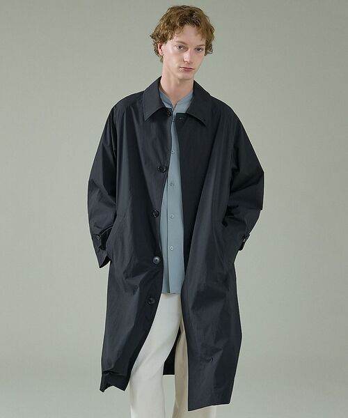ABAHOUSE / アバハウス ステンカラーコート | クリスピーナイロン バルカラーコート / オーバーサイズ / 軽量 ストレッチ（ブラック）