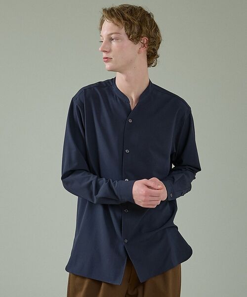 ABAHOUSE / アバハウス シャツ・ブラウス | Vネック スキッパーシャツ / バンドカラー【予約】（ダークネイビー）