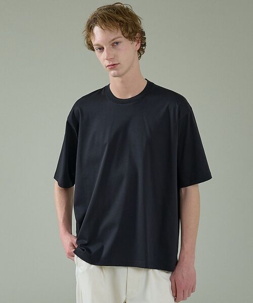 ABAHOUSE / アバハウス Tシャツ | KNIT COLLAR コットンポンチ クルーネック半袖Tシャツ / リラックス（ブラック）