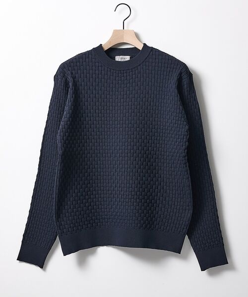 ABAHOUSE / アバハウス ニット・セーター | 【ハイストレッチ】ブロックチェック ジャガード クルーネックニット【予約】（ネイビー）