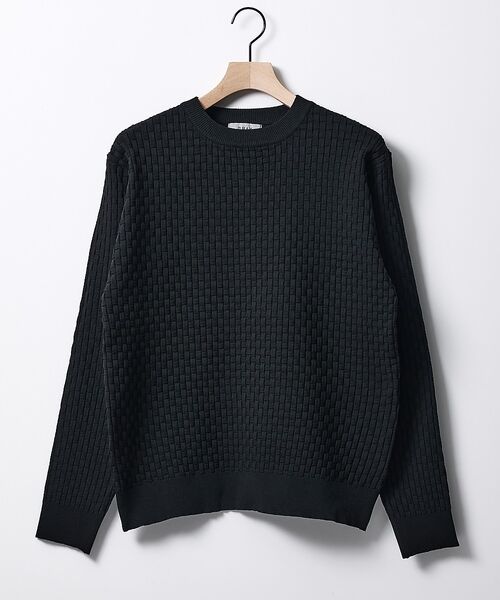 ABAHOUSE / アバハウス ニット・セーター | 【ハイストレッチ】ブロックチェック ジャガード クルーネックニット【予約】（ブラック）
