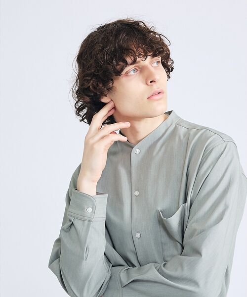 ABAHOUSE / アバハウス シャツ・ブラウス | デニムライク シャンブレー カラーレスシャツ / バンドカラーシャツ / 変形襟(グリーン系その他1)