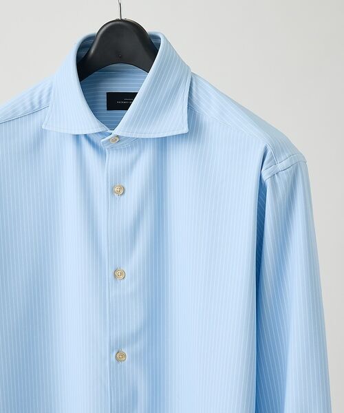 ABAHOUSE / アバハウス シャツ・ブラウス | 【ON/OFF兼用】ストライプ＆デニムライク　360°ストレッチ ワイドカラーシ（サックスブルー）