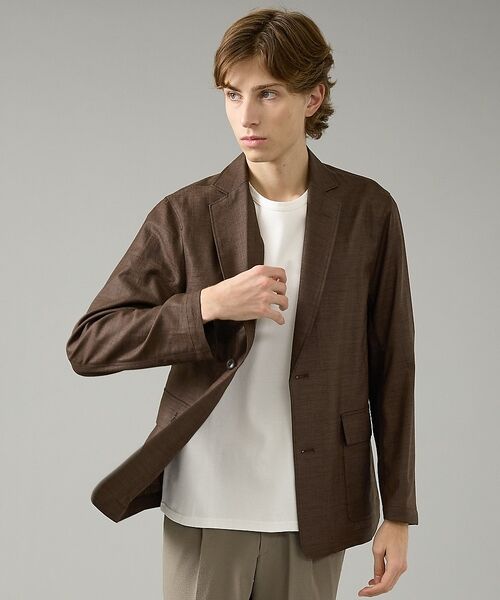 ABAHOUSE / アバハウス ノーカラージャケット | カレンダー加工 リネンライク サマージャケット/ 軽量 ストレッチ【予約】（ダークブラウン）