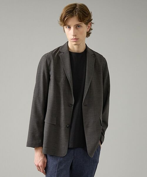 ABAHOUSE / アバハウス ノーカラージャケット | カレンダー加工 リネンライク サマージャケット/ 軽量 ストレッチ【予約】（チャコールグレー）