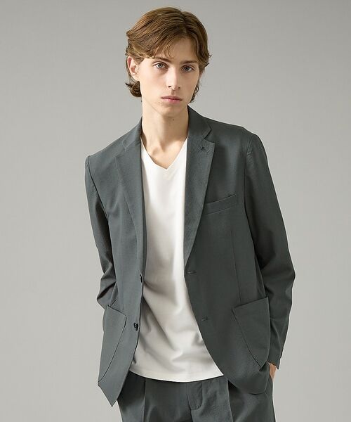 ABAHOUSE / アバハウス テーラードジャケット | 【セットアップ対応】SOLOTEX シアサッカー ジャケット / ストレッチ 通(チャコールグレー)