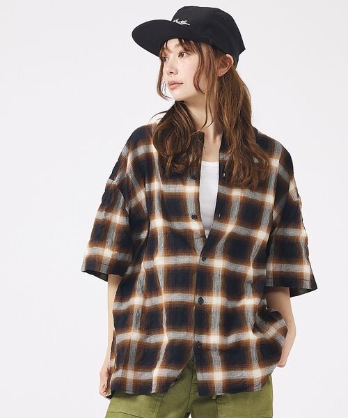ABAHOUSE / アバハウス シャツ・ブラウス | 【Revo. / レヴォ】TH-4093 / オンブレチェック 半袖シャツ /（ブラウン）
