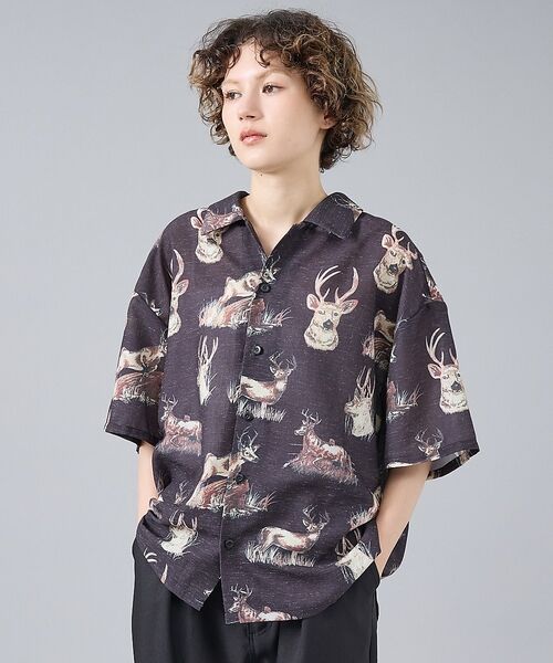 ABAHOUSE / アバハウス シャツ・ブラウス | 【Revo. / レヴォ】TH-4109 アニマルパターン 半袖シャツ / ユニ（ブラック）