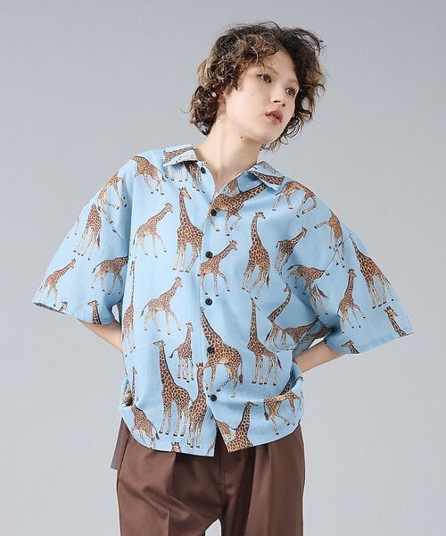 ABAHOUSE / アバハウス シャツ・ブラウス | 【Revo. / レヴォ】TH-4109 アニマルパターン 半袖シャツ / ユニ（サックスブルー）