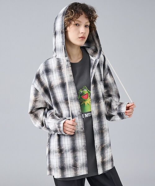 ABAHOUSE / アバハウス シャツ・ブラウス | 【Revo. / レヴォ】TH-4115 ブリーチ加工 フード チェック長袖シャ（ブラック）