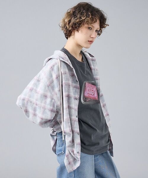 ABAHOUSE / アバハウス シャツ・ブラウス | 【Revo. / レヴォ】TH-4115 ブリーチ加工 フード チェック長袖シャ（サックスブルー）