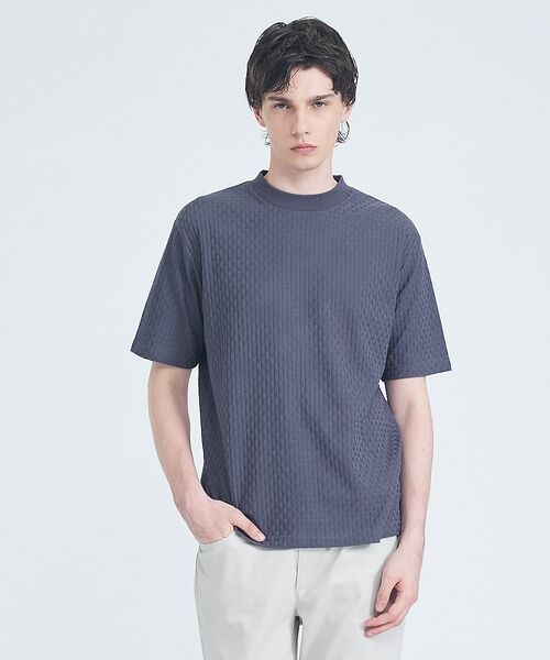 ABAHOUSE / アバハウス Tシャツ | 【凹凸編み】リンクス ブロック 半袖Tシャツ【予約】（ブルーグレー）