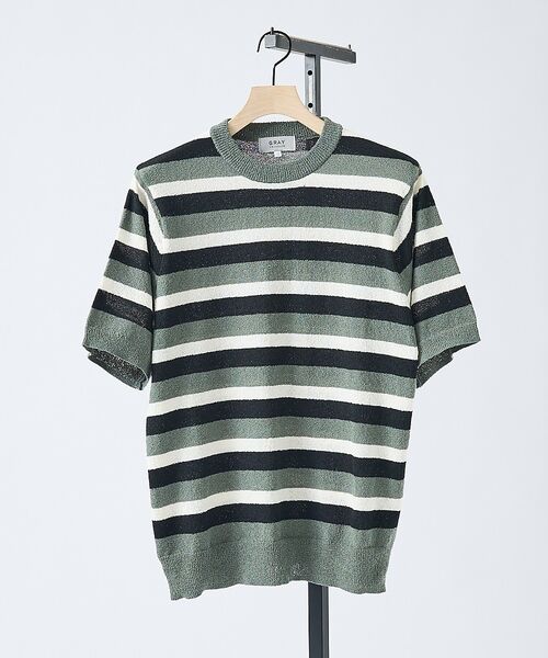 ABAHOUSE / アバハウス ニット・セーター | ブークレー マルチボーダー ニットTシャツ【予約】（モスグリーン）