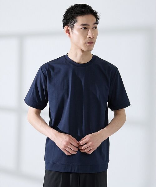 ABAHOUSE / アバハウス Tシャツ | 【SMART CLOSET】シルケット天竺 ワイドリブ Tシャツ / 接触冷感(ネイビー)