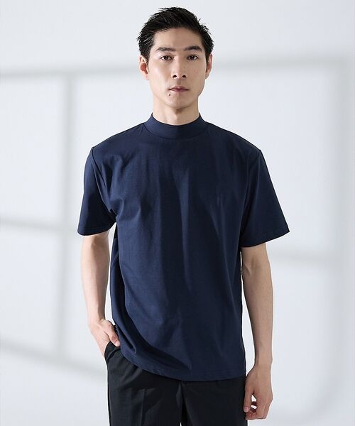 ABAHOUSE / アバハウス Tシャツ | 【SMART CLOSET/WEB限定】シルケット天竺 モックネック Tシャツ(ネイビー)