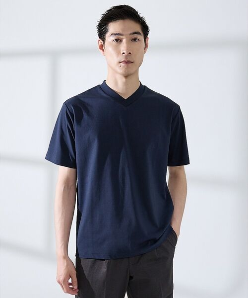 ABAHOUSE / アバハウス Tシャツ | 【SMART CLOSET/WEB限定】シルケット天竺 Vネック 半袖Tシャツ(ネイビー)