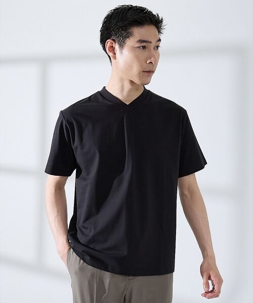 ABAHOUSE / アバハウス Tシャツ | 【SMART CLOSET/WEB限定】シルケット天竺 Vネック 半袖Tシャツ(ブラック)
