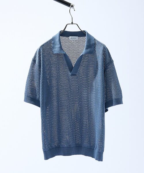 ABAHOUSE / アバハウス ポロシャツ | シアーメッシュ スキッパー ニットポロ（ブルーグレー）