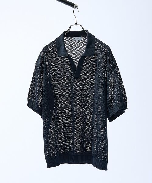 ABAHOUSE / アバハウス ポロシャツ | シアーメッシュ スキッパー ニットポロ（ブラック）