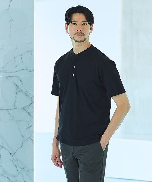 ABAHOUSE / アバハウス Tシャツ | 【SMART CLOSET】シルケット天竺 キーヘンリーネック Tシャツ / 接（ブラック）