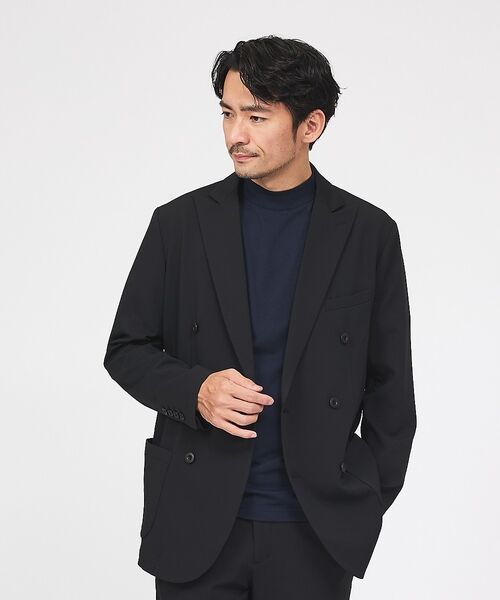 ABAHOUSE / アバハウス テーラードジャケット | 【接触冷感/セットアップ対応】ナイロンジャガード ストレッチ ダブルジャケット【(ブラック)