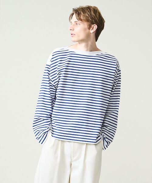 ABAHOUSE / アバハウス Tシャツ | ボートネック フレンチボーダー長袖Tシャツ / ユニセックス（ブルー）