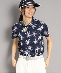 【UVカット/防透け】ラインフラワー柄 半袖ポロシャツ