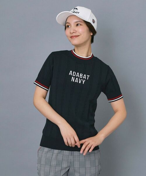 adabat / アダバット ニット・セーター | 【ADABAT NAVY】ケーブルストライプ半袖モックニット（ネイビー(094)）