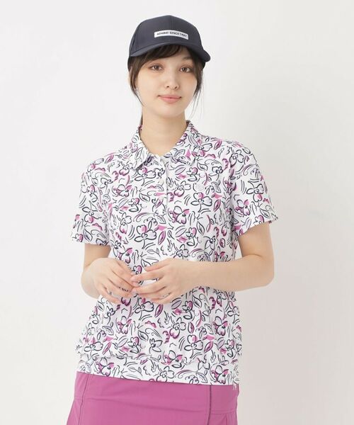 adabat / アダバット ポロシャツ | ラインフラワープリントポロシャツ(ホワイト(101))