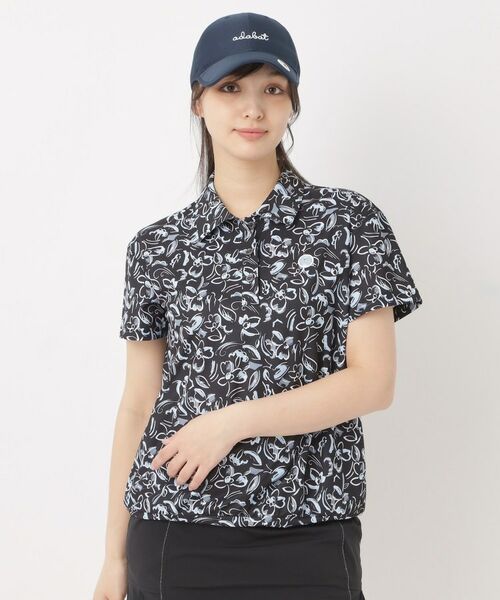 adabat / アダバット ポロシャツ | ラインフラワープリントポロシャツ(ブラック(119))