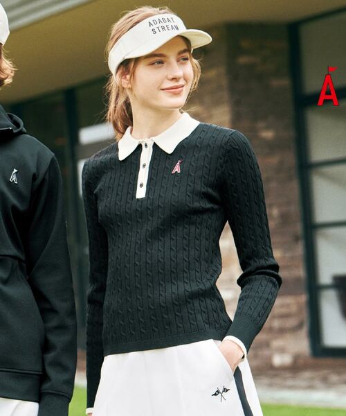 ADABAT STREAM / アダバットストリーム ニット・セーター | ケーブルニットクレリックポロシャツ(ブラック(019))