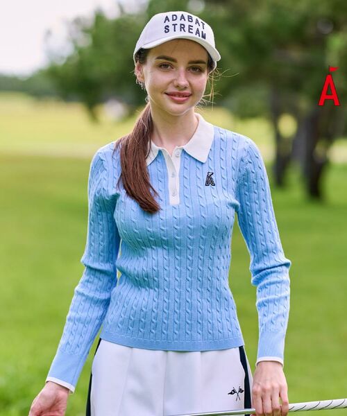 ADABAT STREAM / アダバットストリーム ニット・セーター | ケーブルニットクレリックポロシャツ(ブルー(091))