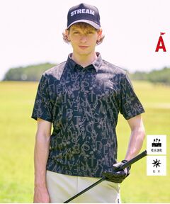 ADABAT STREAM メンズポロシャツ UVカット/吸水速乾 タイポグラフィポロシャツ（ポロシャツ