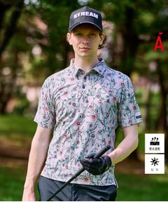 ADABAT STREAM メンズポロシャツ UVカット/吸水速乾 タイポグラフィポロシャツ（ポロシャツ