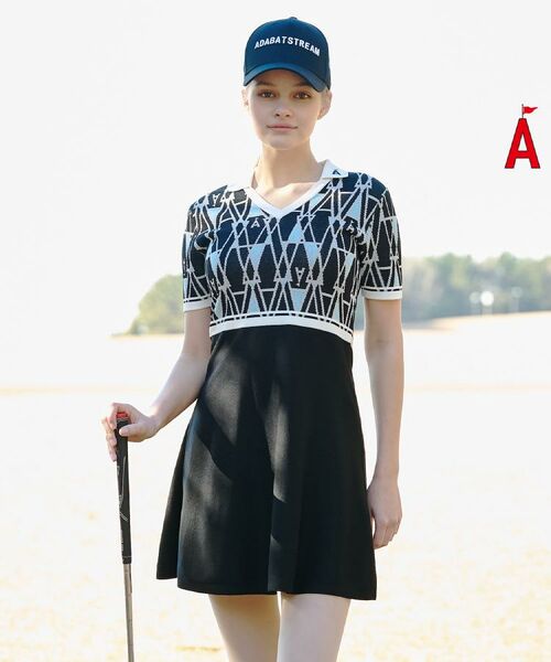 ADABAT STREAM / アダバットストリーム ワンピース | ジオメトリックニットポロワンピース（ブラック(319)）