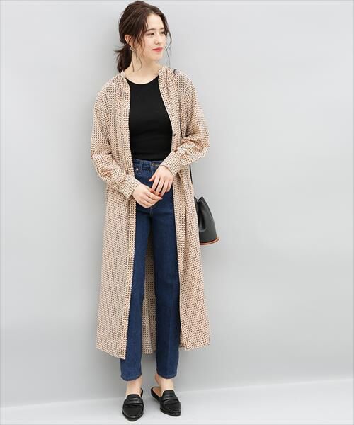 レトロ柄ロングシャツワンピース