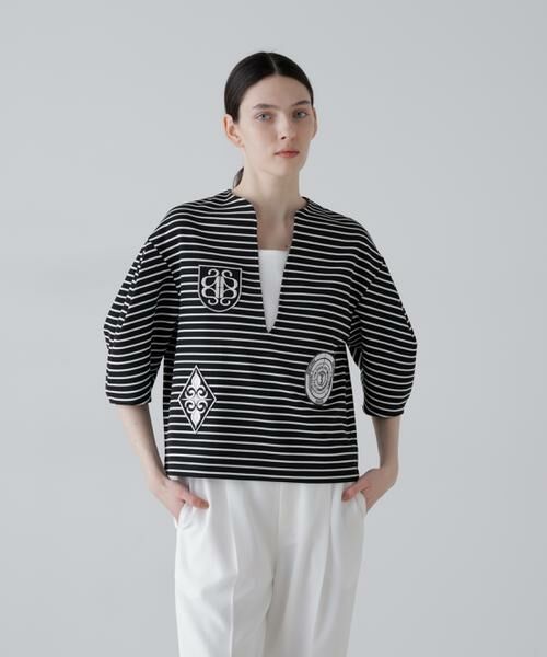 ADORE / アドーア カットソー | エンブレムボーダー（ブラック×ホワイト）