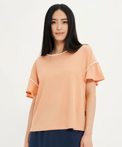 接触冷感 ワンポイントロゴ ピスネーム ボートネック パフスリーブ半袖Tシャツ