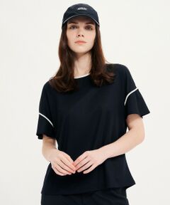 接触冷感 ワンポイントロゴ ピスネーム ボートネック パフスリーブ半袖Tシャツ