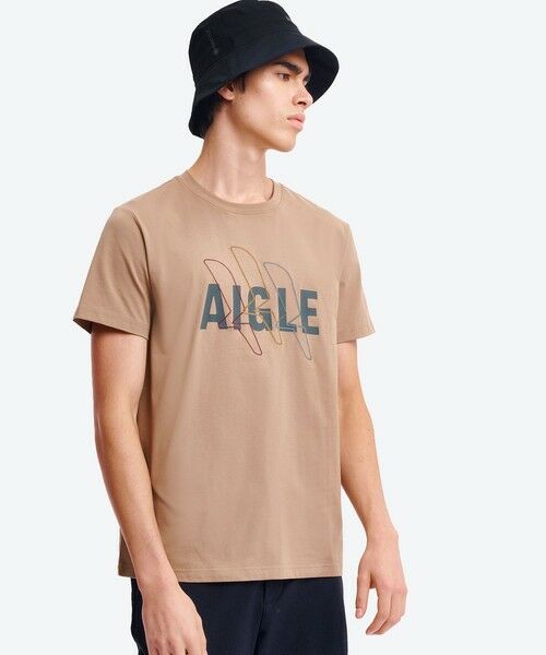 AIGLE/エーグル 吸水速乾 抗菌防臭 ロゴプリントTシャツ ベージュ L AIGLE/エーグル 吸水速乾 抗菌防臭 ロゴプリントTシャツ ベージュ L