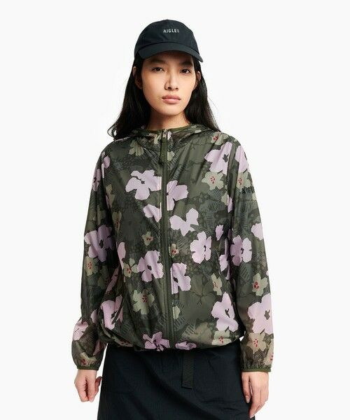 AIGLE / エーグル ナイロンジャケット | UVカット 撥水 プリントフーデッドジャケット RP（モスグリーン）