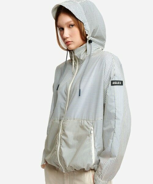 AIGLE / エーグル ナイロンジャケット | 超軽量 撥水 UVカット ストライプ エクストラライト フーディジャケット（ホワイト）